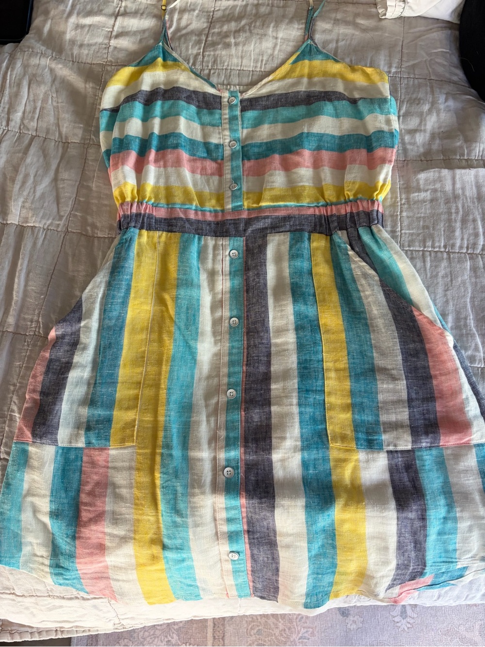 Gray Malin x splendid Striped Button-Front Sundress in Teal, Yellow, Pink